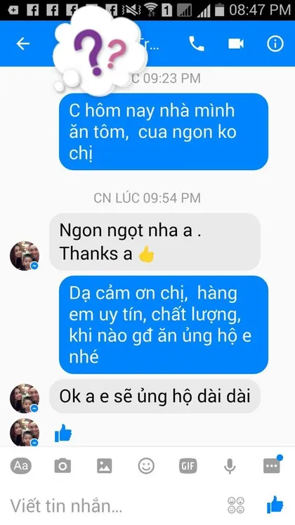 Khách hàng · Tôm, Cua: Ngon ngọt nha anh. Thanks anh. Em sẽ ủng hộ dài dài.