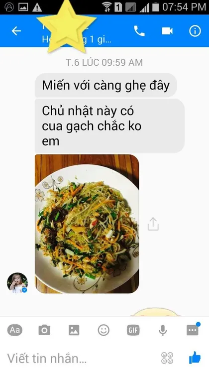 Khách hàng · Ghẹ: Miến với càng ghẹ đây. Chủ nhật này có cua gạch chắc không em?