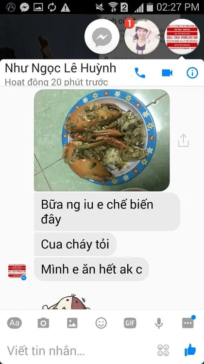 Như Ngọc Lê Huỳnh · Cua: Bữa người yêu em chế biến đây, cua cháy tỏi, mình em ăn hết á chị.