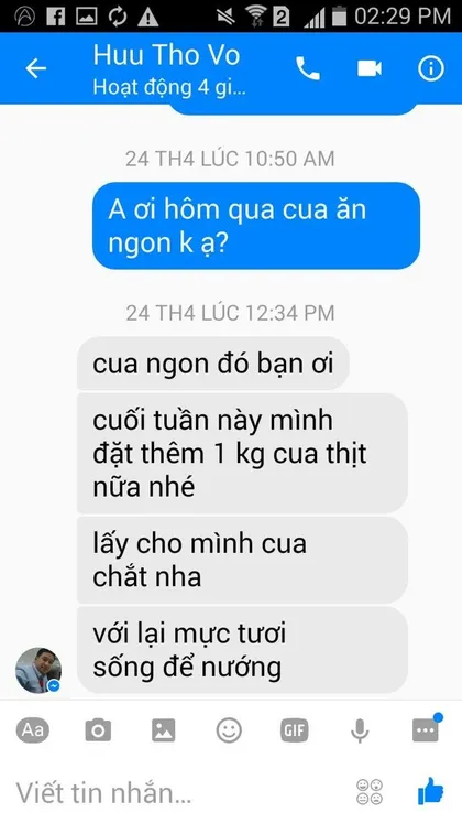 Huu Tho Vo · Cua: Cua ngon đó bạn ơi, cuối tuần này mình đặt thêm 1 kg cua thịt nữa nhé.