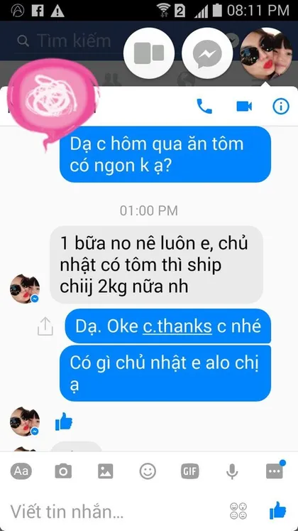 Khách hàng · Tôm: Một bữa no nê luôn em, chủ nhật có tôm thì ship chị 2kg nữa nhé.